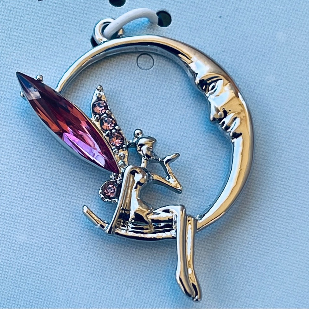 Silver Fairy Moon Jeweled pink silver Charm NEW